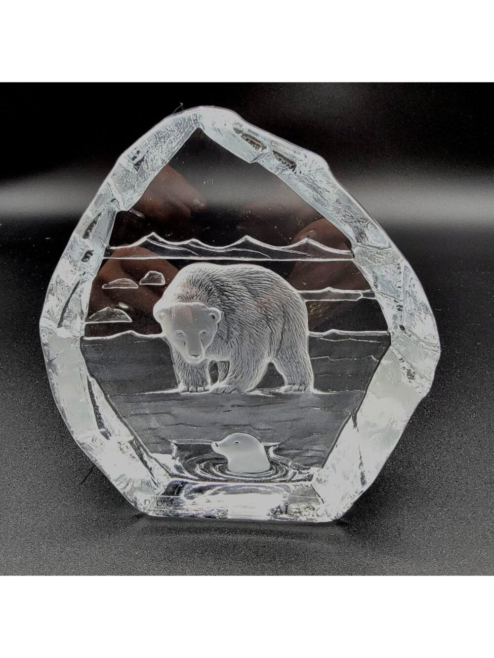 Signed Nybro Intaglio Crystal Alaska Polar Bear & Seal Paperweight